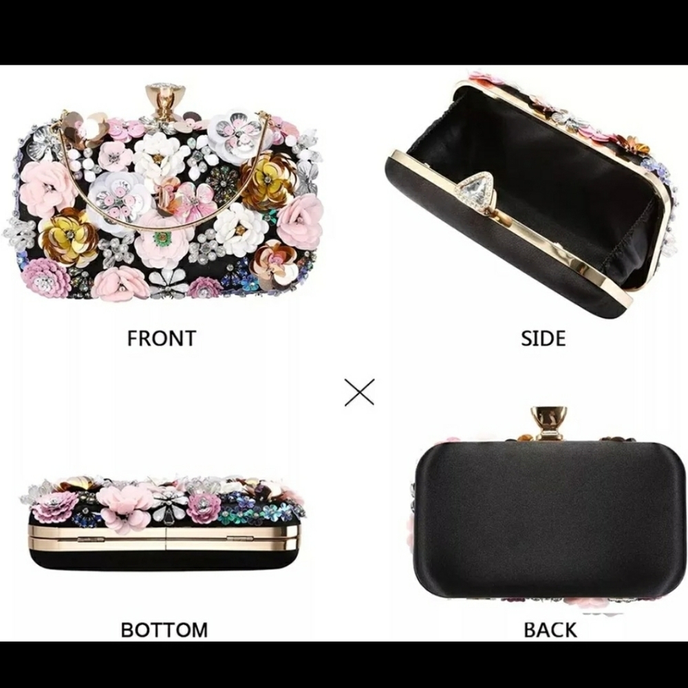 Women's Evening Bag Flower Party Prom Clutch Purse Floral Bride Black Handbag - Picture 5 of 16